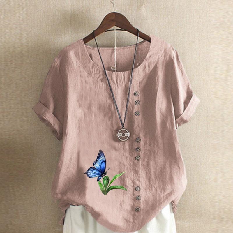 Women's Fashion Butterfly Prined Short Sleeve T-shirt Loose Cotton Shirt Casual Loose Summer Blouse Tops Plus Size