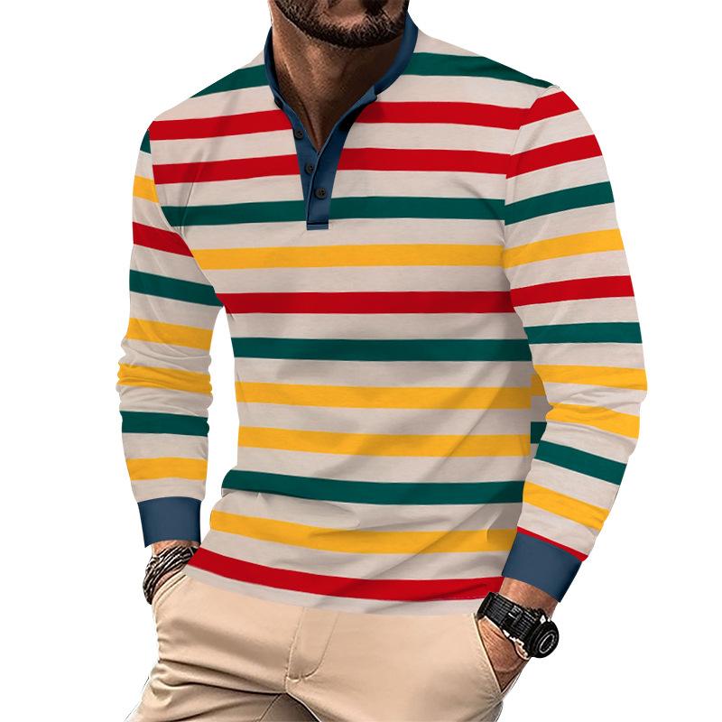 Men Colorful Stripe Henley Shirt Stand Collar Long Sleeve Slim Fit Casual Pullover Top S жёлтый