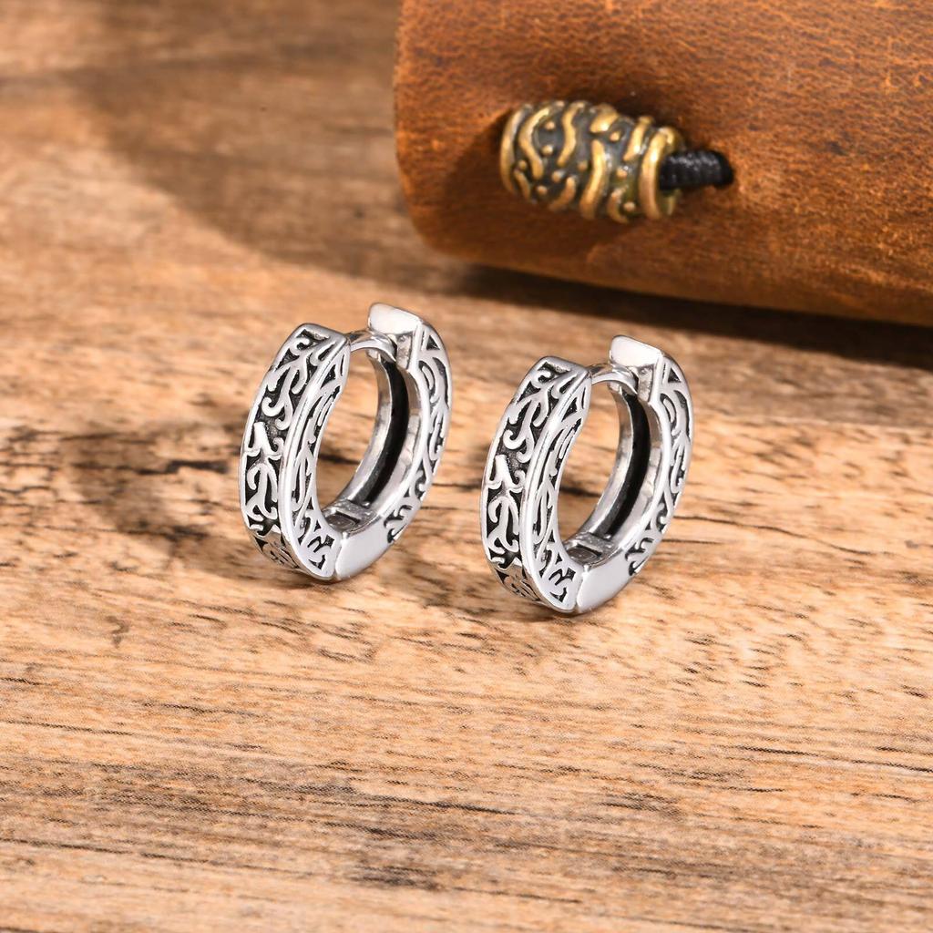 Vintage Vine Hoop Earrings for Men Boys,Waterproof Silver Color Huggies Earrings,Trendy Hip Hop Rock Cool Jewelry Accessories