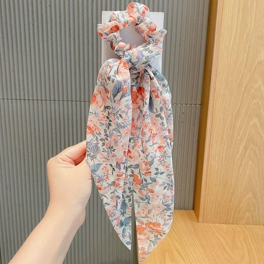 Satin Fabric Hair Scrunchie with Long Ribbon Bow Floral Pattern Elastic Ponytail Holder for Women and Girls Hair Accessories