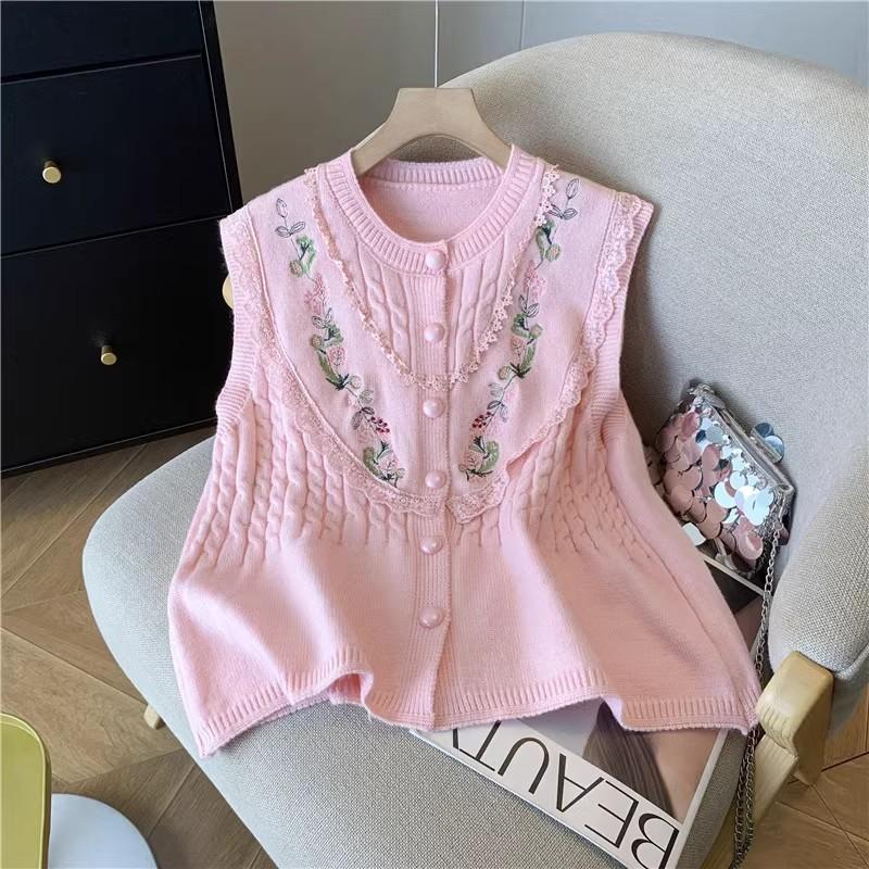 

Spring and Autumn Women s Knitted Vest Lace Embroidery Sweet Wind Cardigan Sweater Vest S рожевий