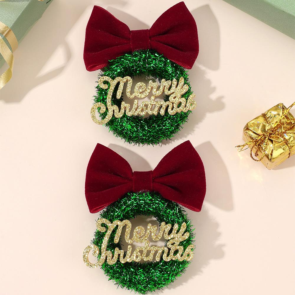 2Pcs “Merry Christmas” Wreath Hair Clips With Velvet Bow For Girls Children New Year Barrette Trendy Headwear Hair Accessories