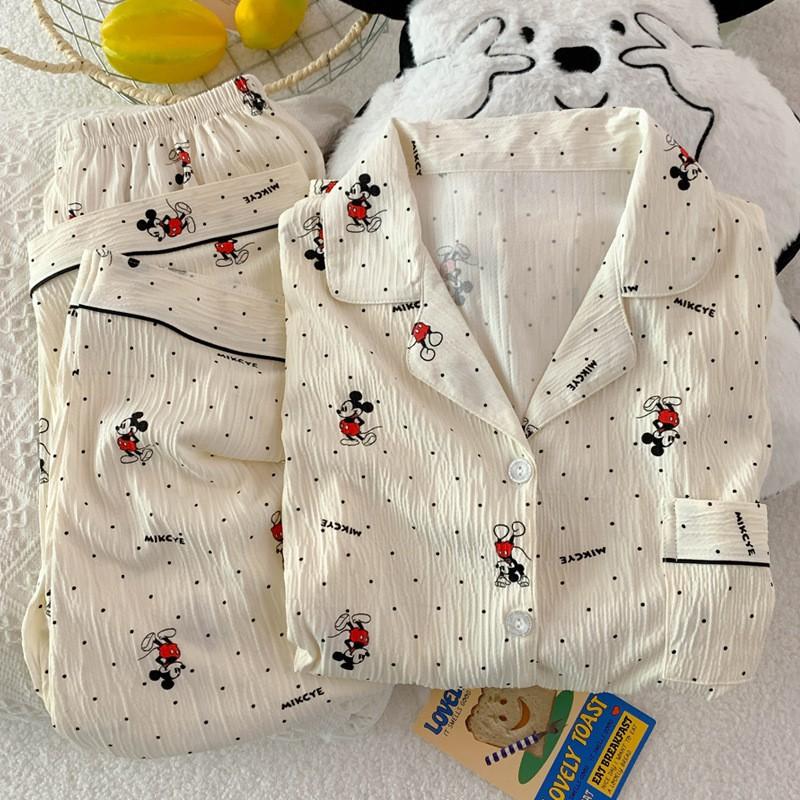 Cartoon Cute Korean Polka Dot Wrinkled Fabric Pajama Set Long Sleeve Pants Loungewear Women