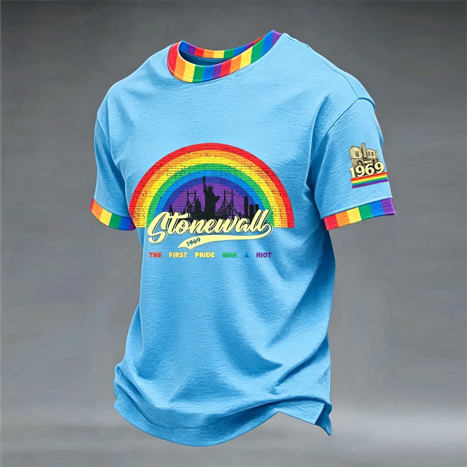 

Stonewall 1969 Short Sleeve Crew Neck T Shirt with Rainbow Print and Historic Graphic Unisex Fit Top XL