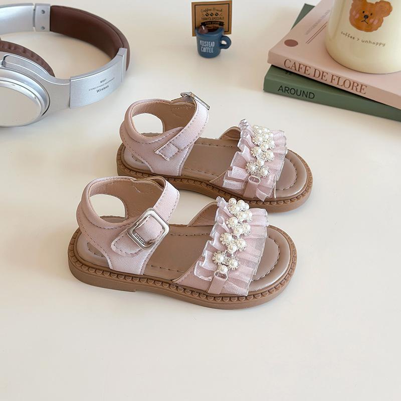 Fashion Pearl Rhinestone Princess Soft Sole Summer Beach Sandals For Little Girls 21