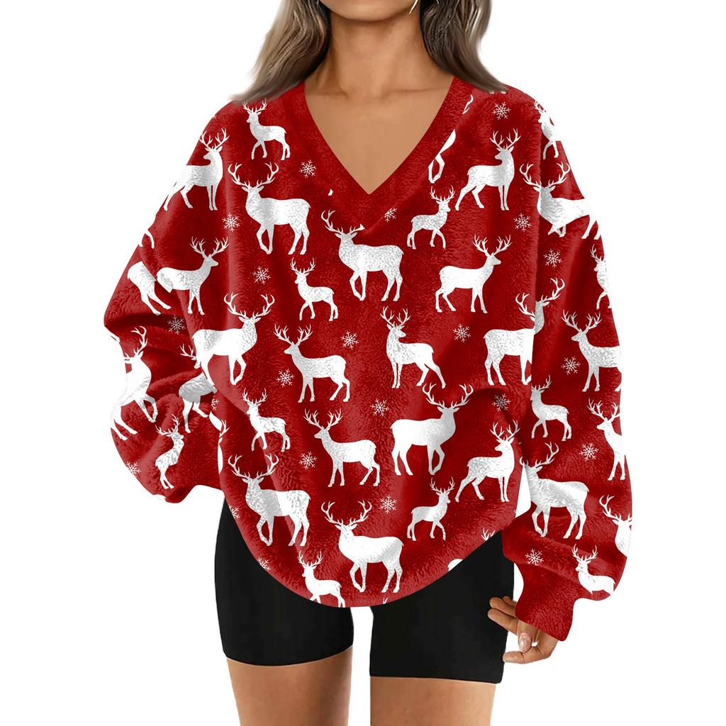 Women's Fashionable V-neck Christmas Printed Long Sleeved Casual Pullover Plush Warm Pocket Sweatshirt Top