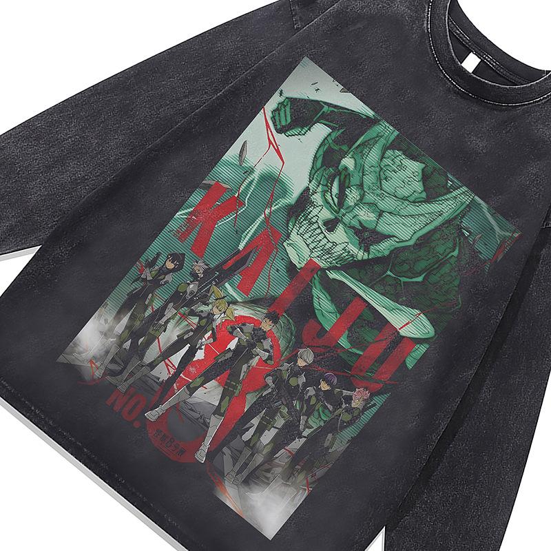 Heavy Weight Cotton Bottoming Shirt Dark Cartoon Digital Direct Injection Printing Retro Washed Long-Sleeved T-Shirt Men