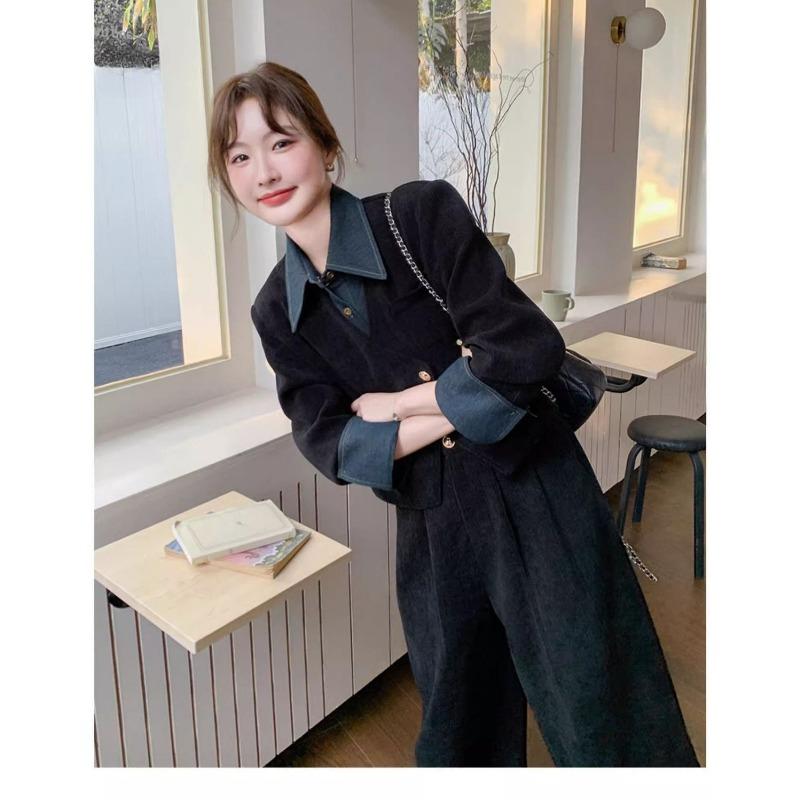 Elegant French Vintage Two Piece Set Women Autumn Spring Fashion Wide Leg Pants Outfit