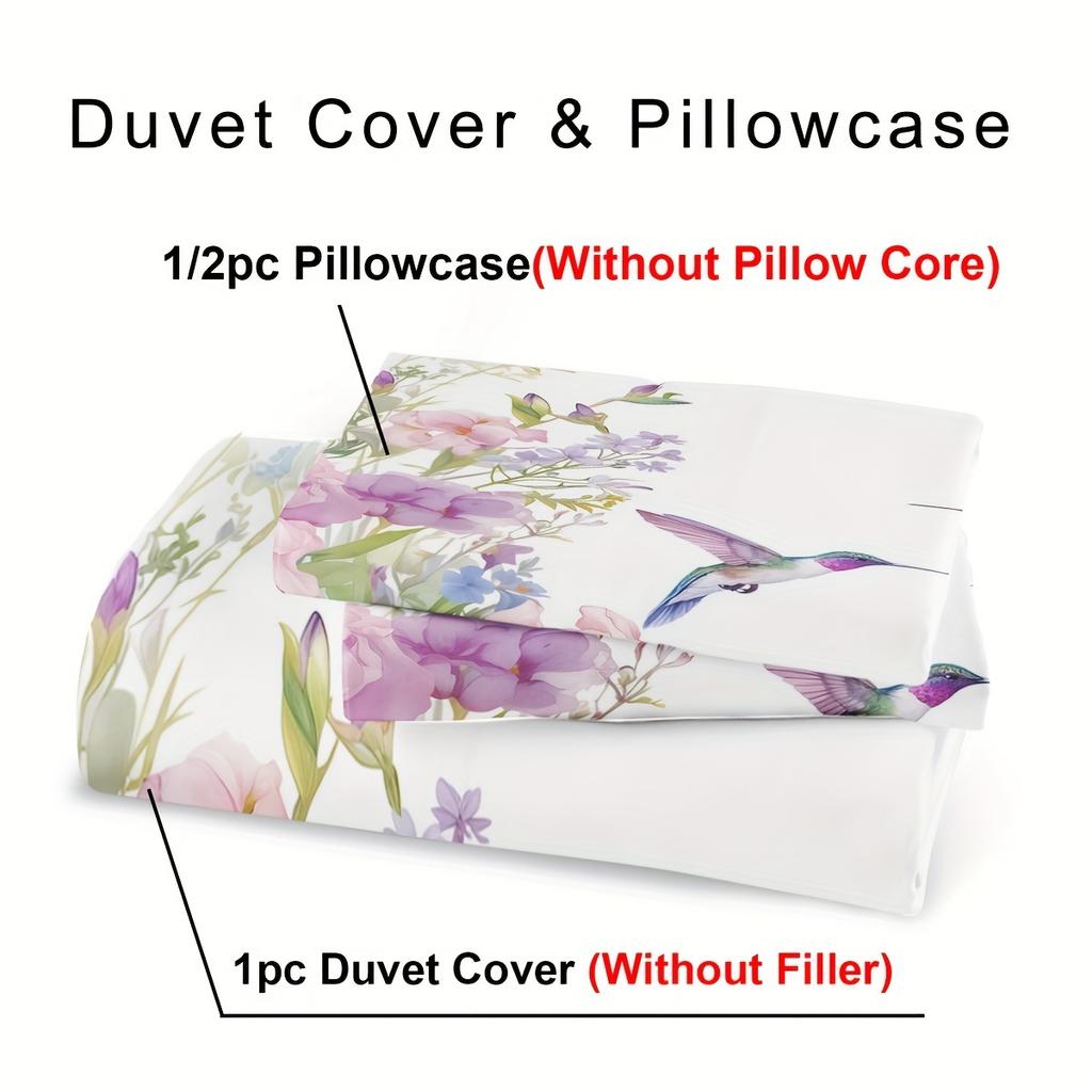 2/3pcs Hummingbird Bedding Set Animal Duvet Set Kingfisher Quilt Cover Bedroom Decor Guest Room 2D Pink Floral Flat Print