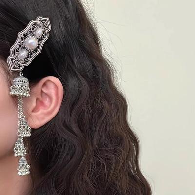 1pc Etro Ethnic Style Alloy Tassel Hair Clip Elegant Imitation Pearl Bangs Side Clip Matching Accessorie Daily Party Photography