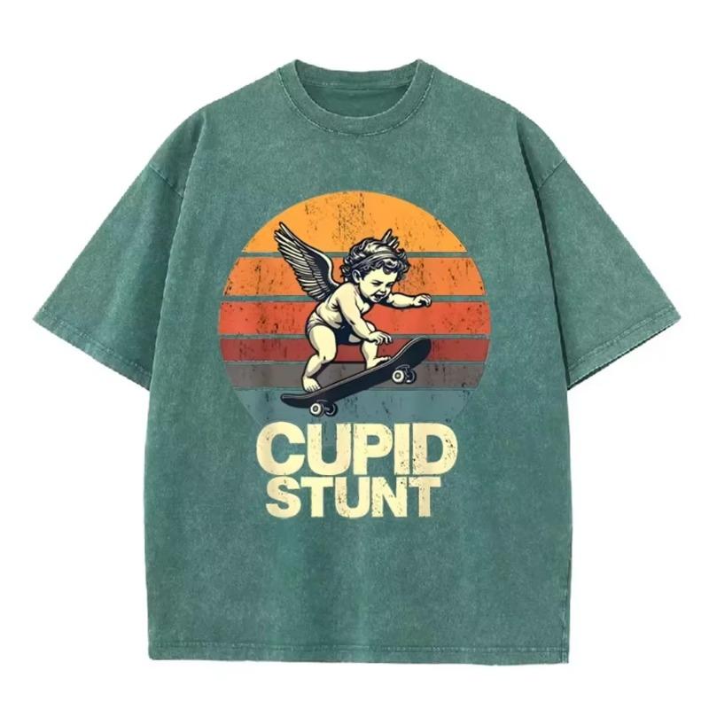 T-shirt Oversize Délavé Acide Graphique Skate Rétro Beige « Cupid Stunt »