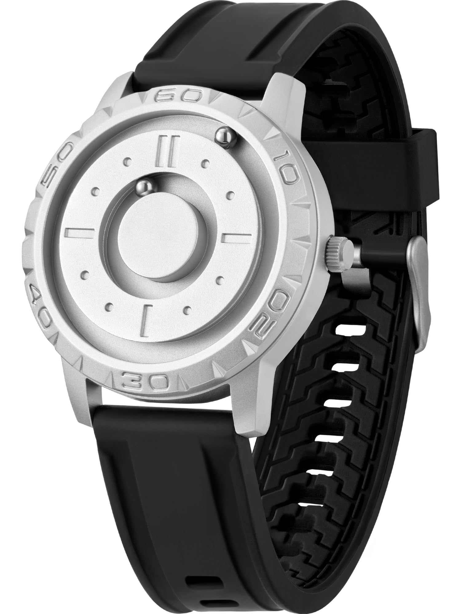 

EUTOUR Men s Magnetic Watch with Ball Bearing Design, Quartz Movement, Minimalist Casual Design, Waterproof, 40mm, Silver Dial, Black Rubber Band