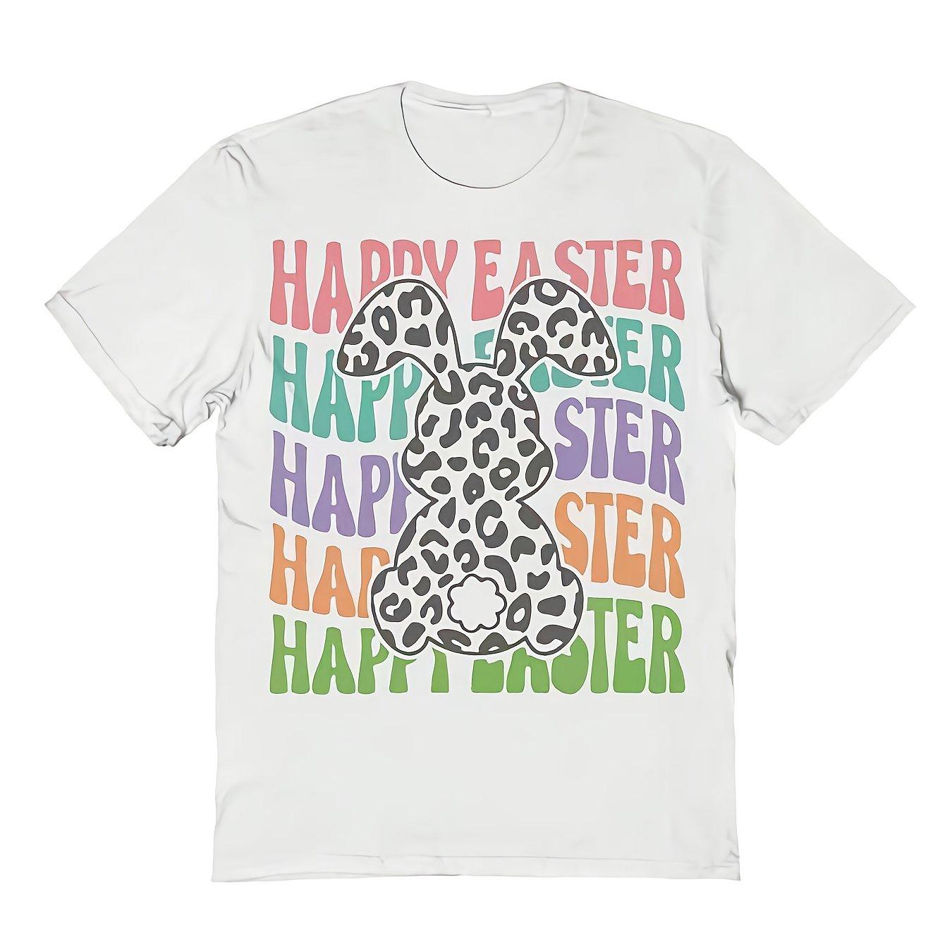 Colorful Leopard Print Bunny Happy Easter Graphic Tee Retro Short Sleeve Cotton T-Shirt Unisex Casual Daily Spring 4XL