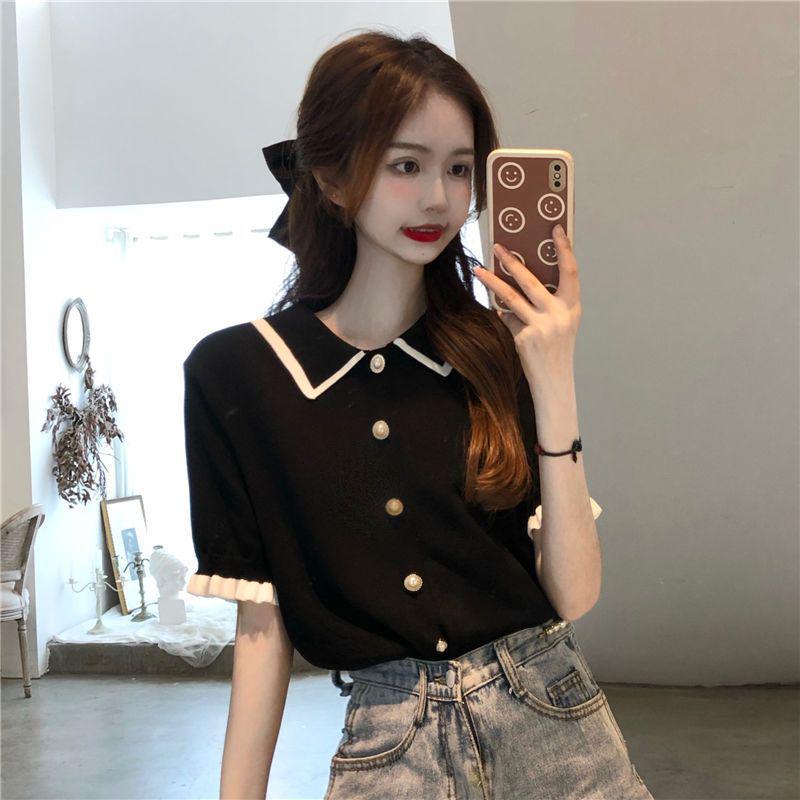 Women's Short Sleeve Lace Knit Top - Color Block, Gentle Summer Doll Style