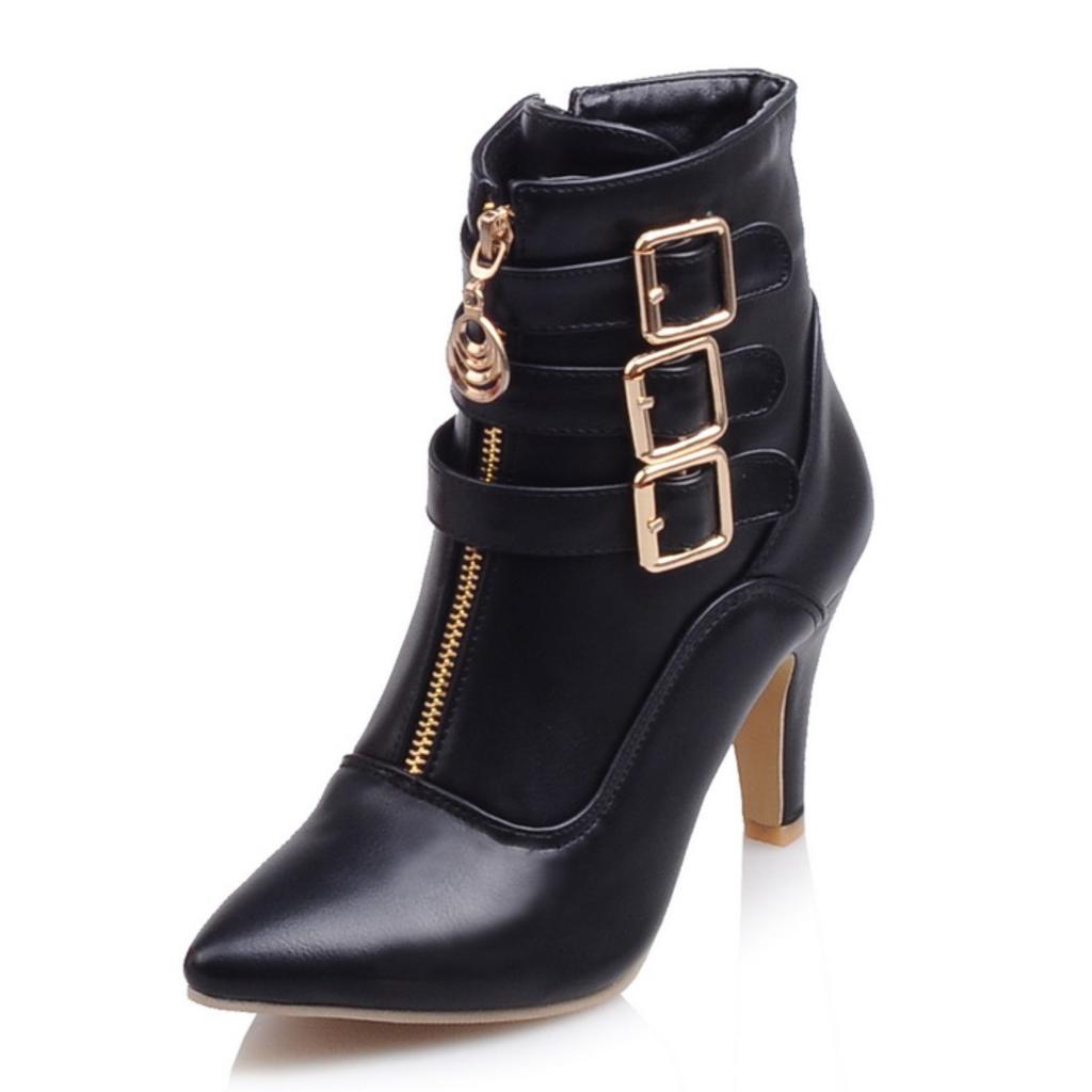 FOREADA Women Ankle Boots Pointed Toe Kitten High Heels Buckle Zipper Short Boots Ladies Fashion Shoes Autumn Winter