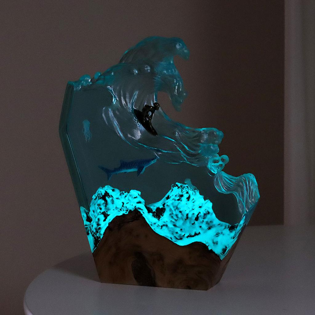 LED Ocean Surfing Night Light Synthetic Resin Wooden Handmade Bedside Table Lamp 3D Desk Art Ornament for Office Bedroom Decor