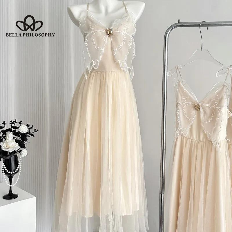 Süßes Maxikleid mit Spaghettiträgern und Schleife im französischen Stil aus Tüll für den Sommerurlaub – schickes ärmelloses Kleid für Damen