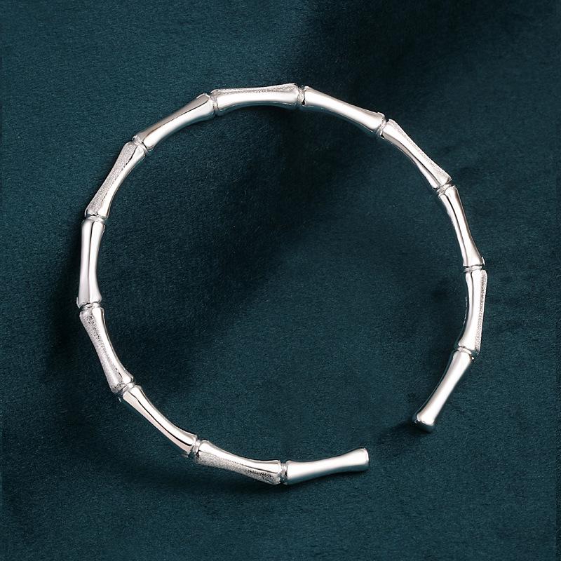 999 Sterling Silver Open Bamboo Joint Bracelet: Polished & Matte, Young Style, Solid Silver, Women's Thin Design.