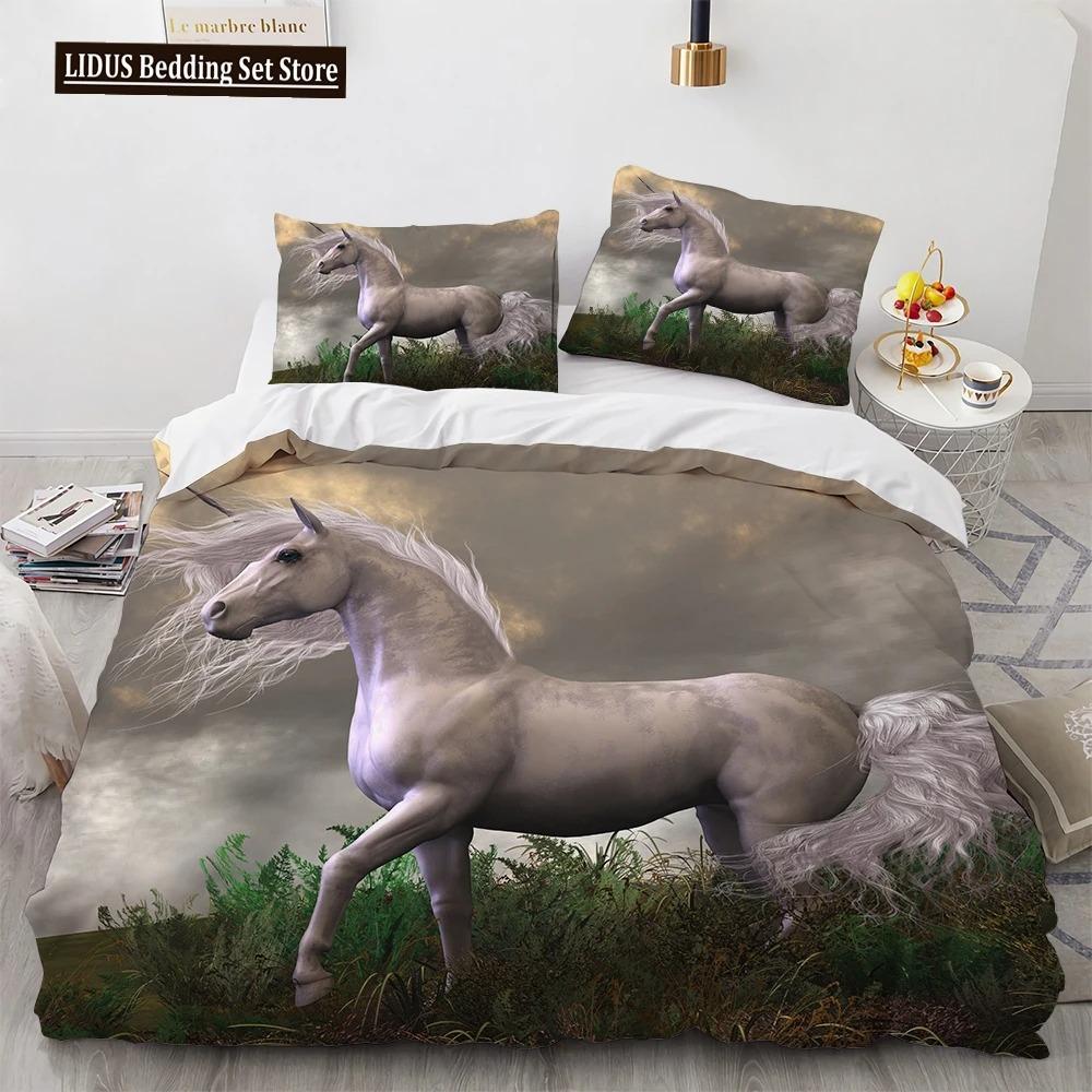 Unicorn Beding Set 3D Print White Horse Soft Duvet Cover Set Pink Background King Quen Ful Twin Sized Dimensions For Children Kids Ten Warm Comforter