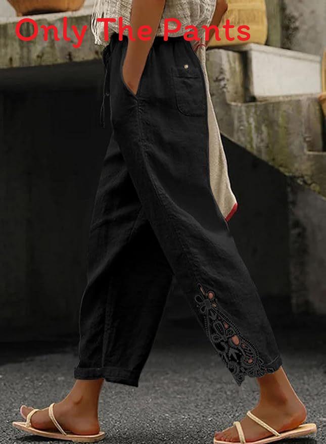 Casual Cotton Pants With Lace Patchwork And High Waist For Womens Fall Fashion