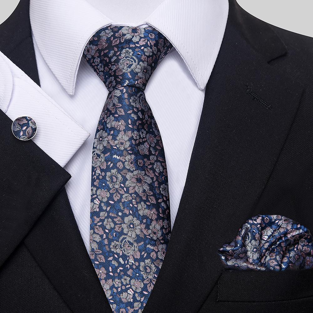 Korean Version Of Casual Floral Tie Men'S Jacquard Polyester Silk Pocket Towel Cufflink Tie Set