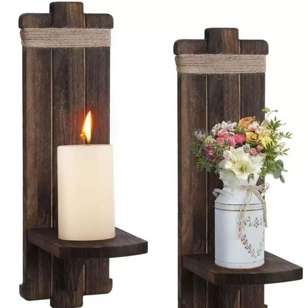 Farmhouse Wooden Wall-Mounted Candlestick Vintage Rustic Floating Shelf Wall Hanging Candle Holders Entryway