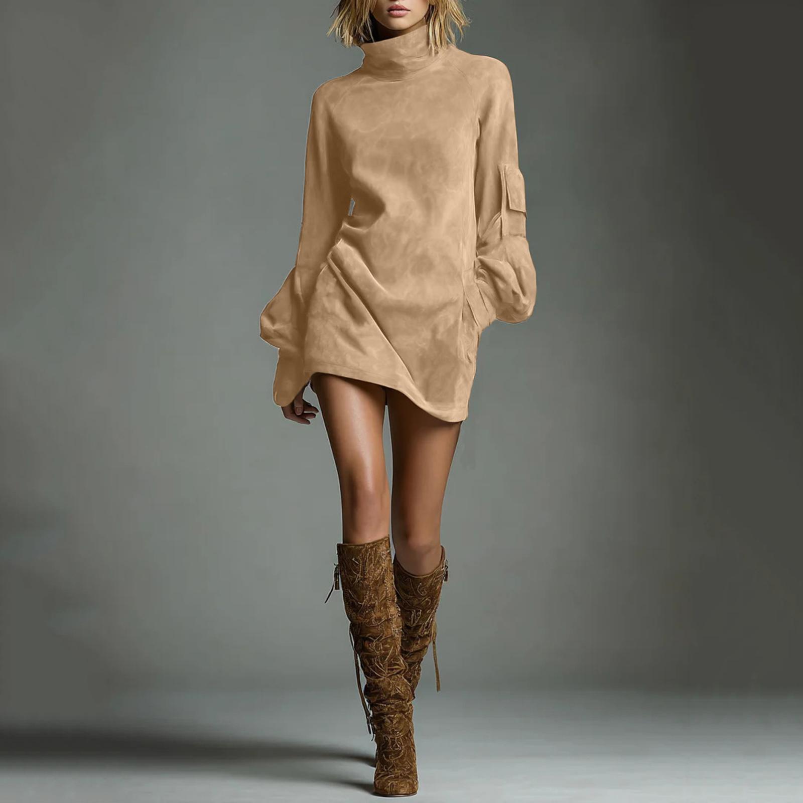 

Women s High-neck Suede Short Dress, Color Long-sleeve Dress For Fall And Winter XL
