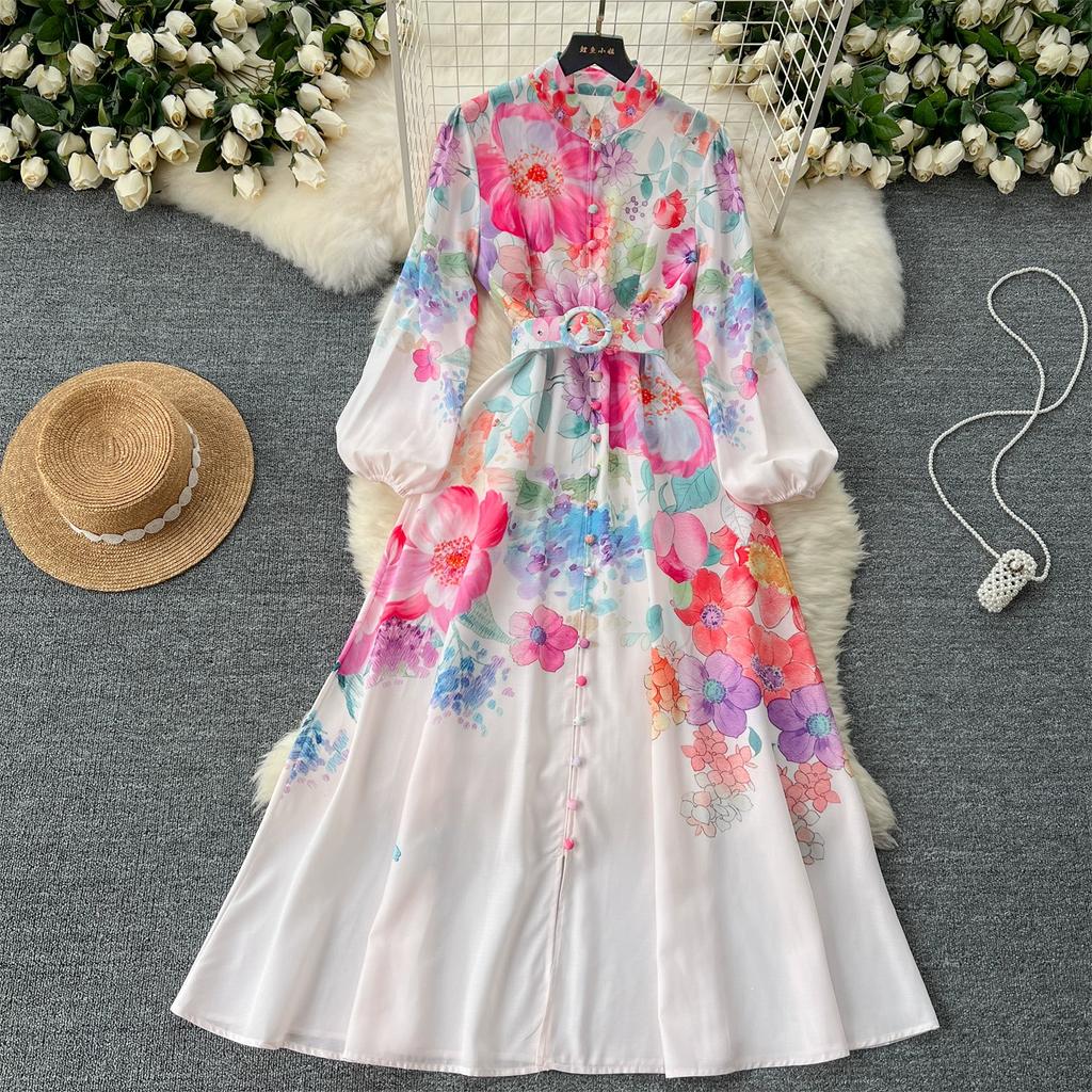 Spring Autumn Women Vintage Print Single Breasted Long Maxi Party Dresses With Belt