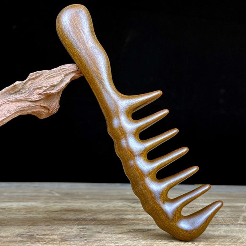 Wood Comb Head Meridian Natural Wood Long Handle-Comb Multifunction Insert Teeth Massage Combs