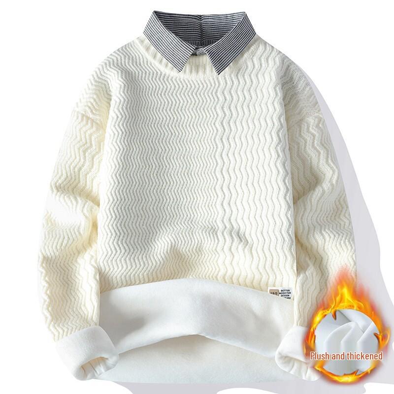 2024 Men's Autumn/Winter Loose Knit Sweater with Shirt Collar, Plus Velvet Two-Piece Look