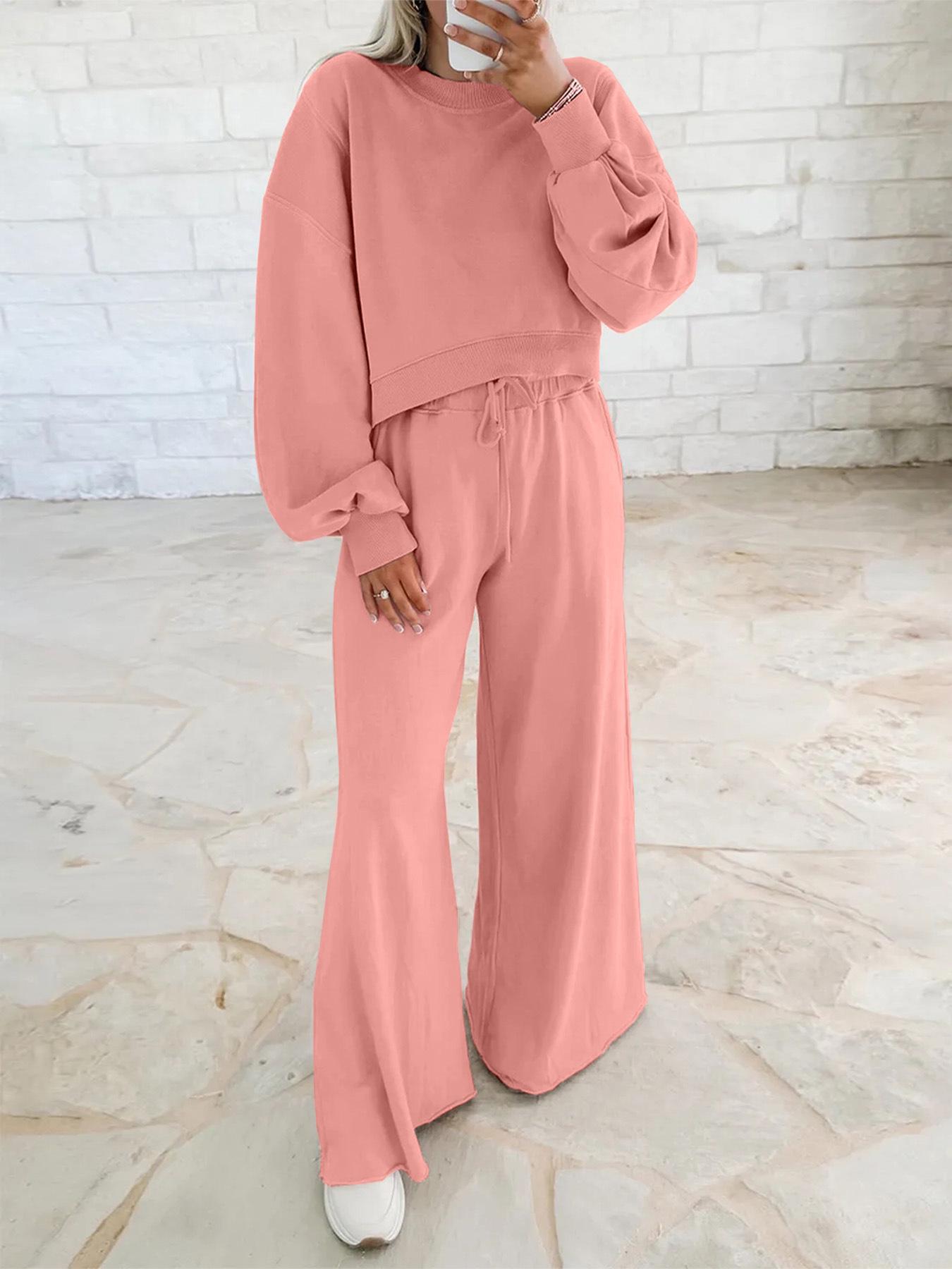 

2026 Autumn/Winter Women s Drop Shoulder Bubble Sleeve Pullover & Drawstring Wide-Leg Pants Set XL рожевий