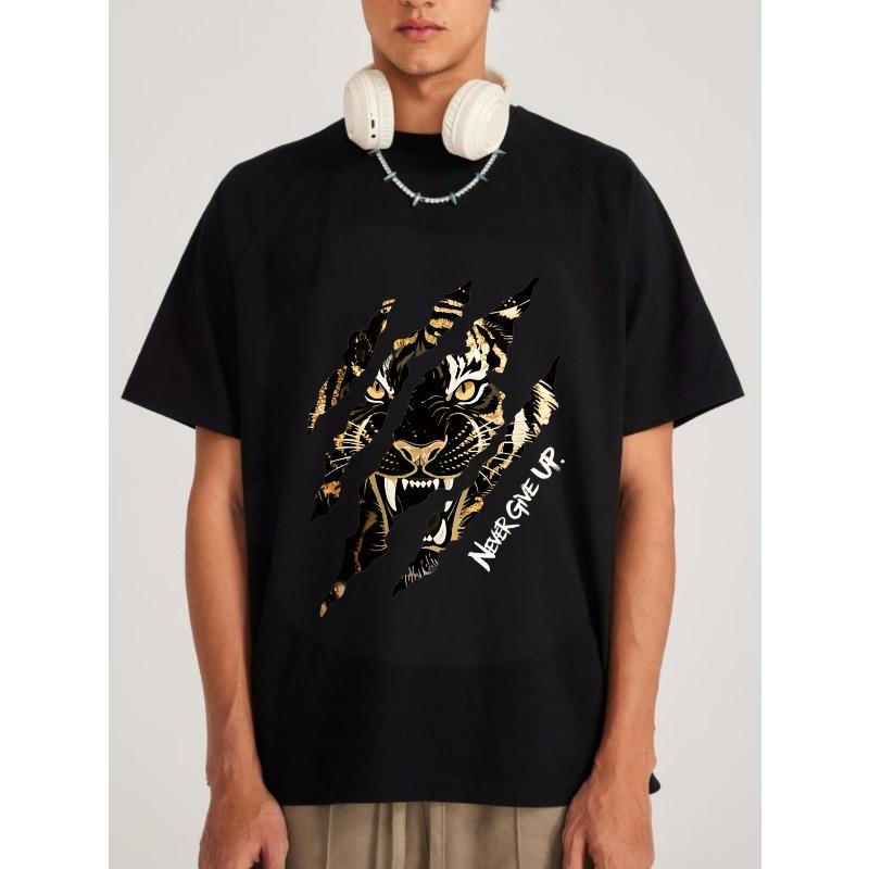 Black T Shirt Tiger Graphic Never Give Up Print Casual Streetwear Men's Fashion