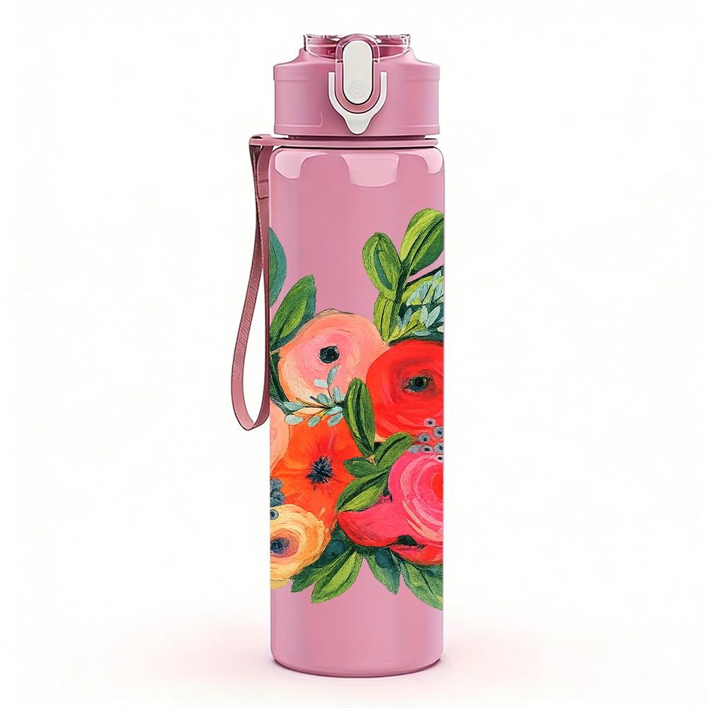 1PC Red Poppy Green Leaf Floral Print 750ml Color Plastic Sports Water Bottle Leakproof Flip Straw Lid Suitable for Sports Office Home Use