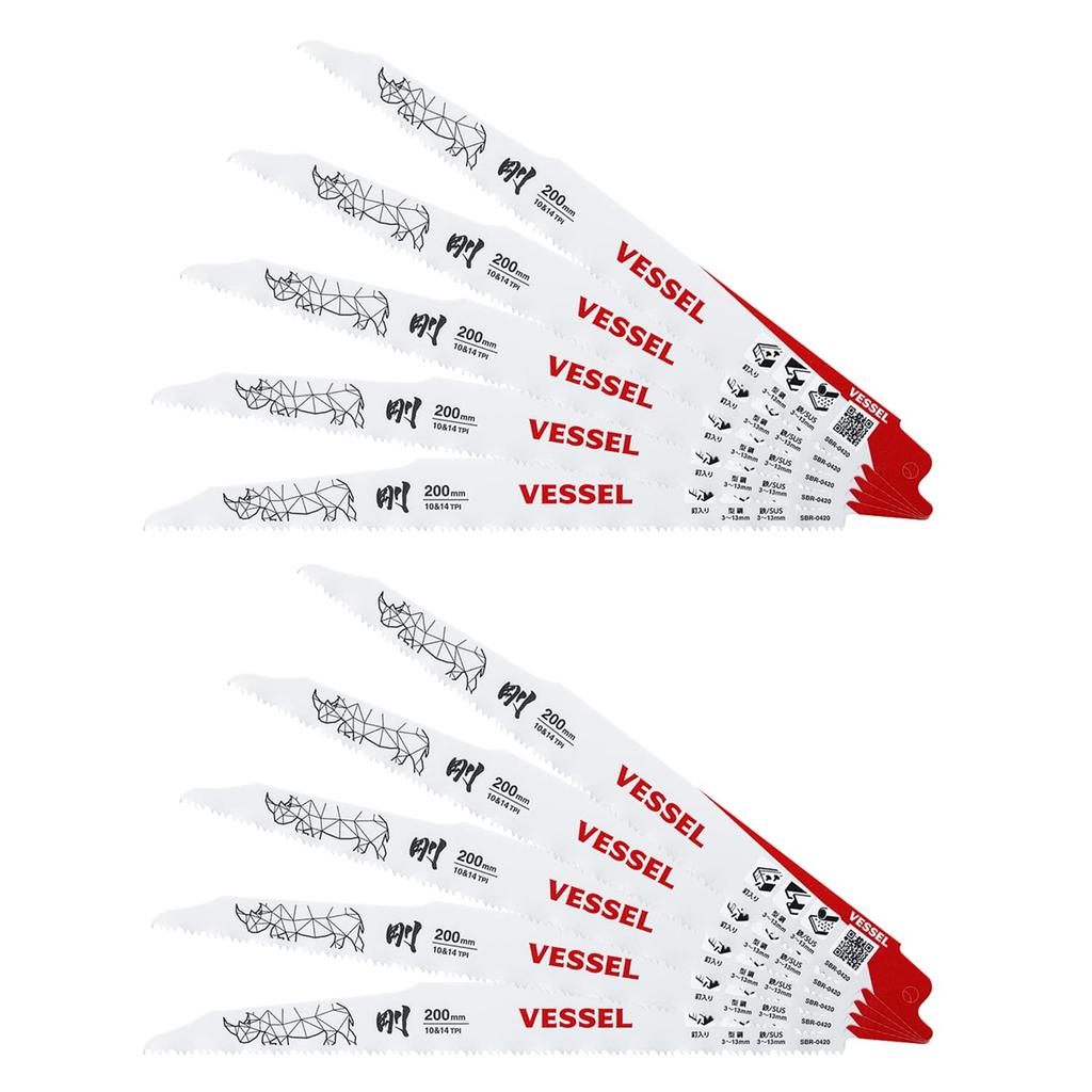 VESSEL Saber Saw Blade Rhino ALC Blade Thickness Total Length Pack of 10 (for Demolition/dismantling) 10&14 Teeth, 1.27mm, 200mm, SBR-0420-10