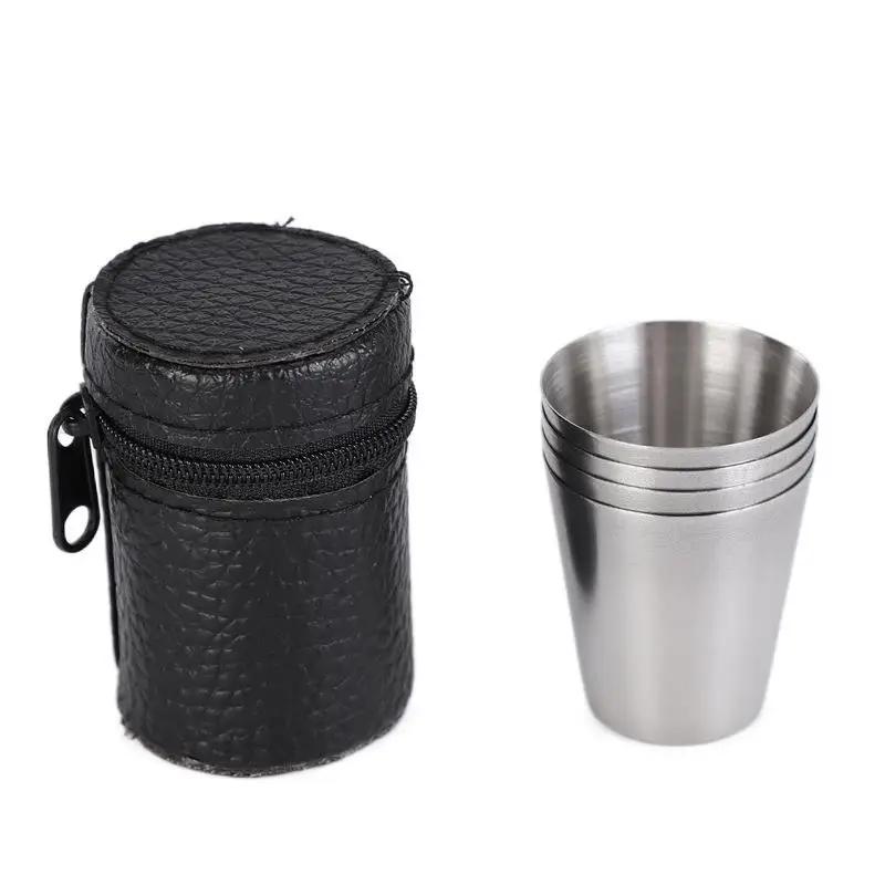 4 Pcs/Set Polished 30 Ml Mini Stainless Steel Shot Glass Cup Drinking Wine Glasses With Leather Cover Bag For Home Kitchen Bar