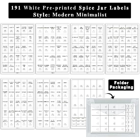 191 Spice Jar Labels Preprinted Minimalist Stickers - White Waterproof Label - Fit Round or Rectangle Spice Jars - Herb Seasoning Kitchen Pantry