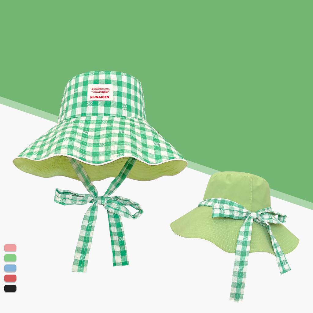 Korean checkered strap fisherman's hat with a large brim for summer, a small sun-protective hat that can be worn on both sides