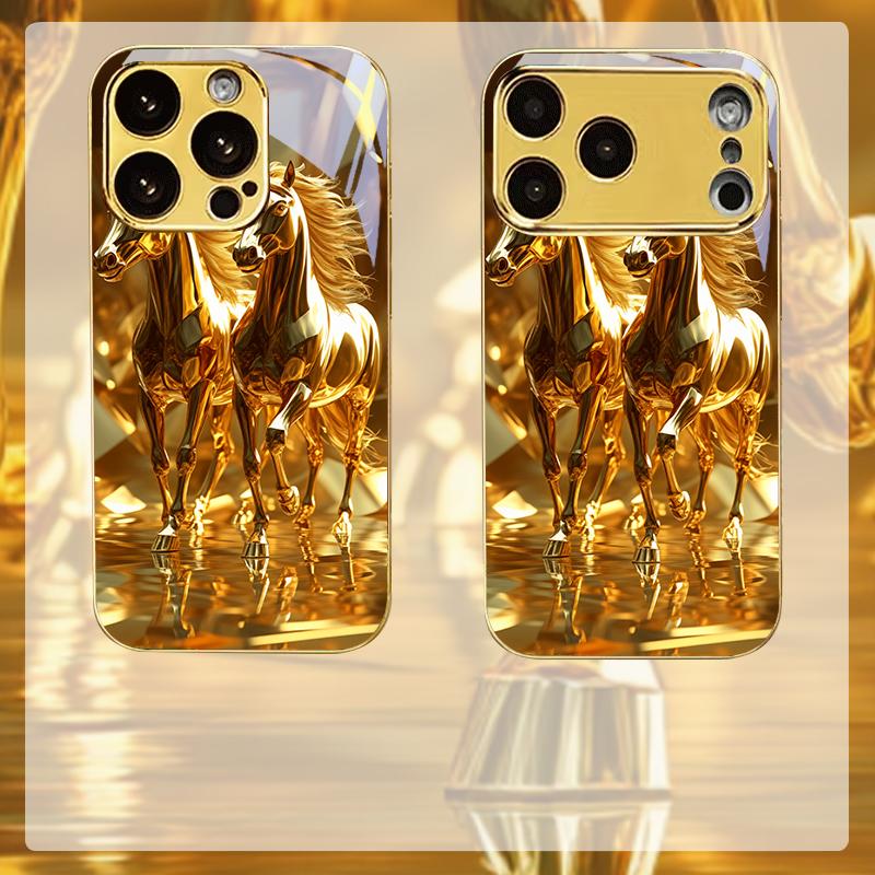 Gilded Running Horses Electroplated Golden Phone Case For iPhone 14 17 16 15 13 12 11 Pro Max Plus 16E 17Air XR 7 8 XS X Cover