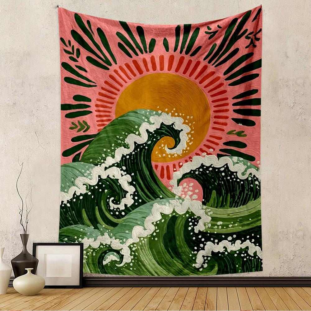 Sun Wave Tapestry Wall Hanging, Japanese Ukiyo-e Style Ocean Art, Oriental Wall Decor for Bedroom Living Room Dorm