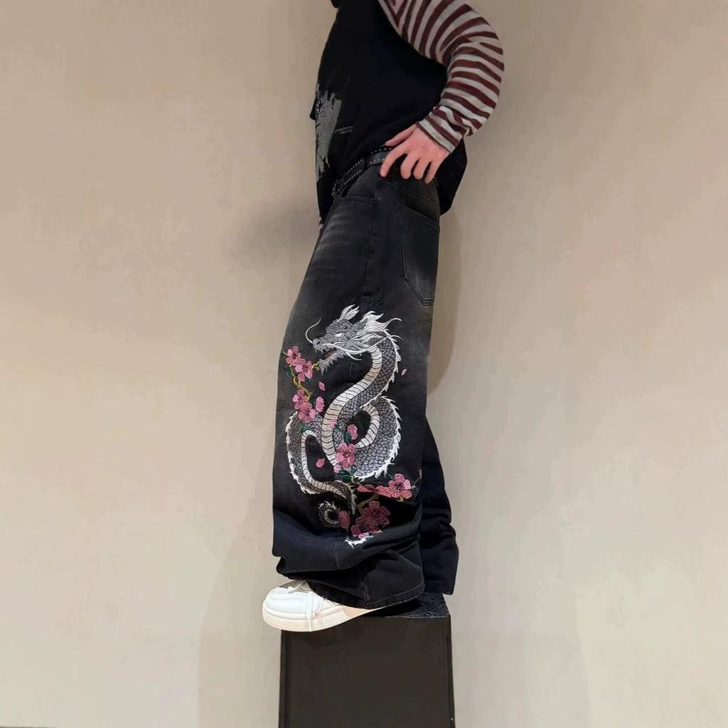 European and American jeans cherry blossom embroidered wide-leg pants washed high waist loose rough edge mopping jeans