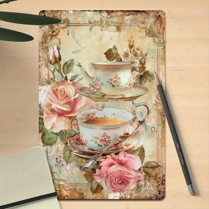 Vintage Tea Time Rustic Wall Art - 20.32x30.48 Cm Floral & Teacup Decorative Sign for Home, Cafe, Restaurant, Garden - Industria