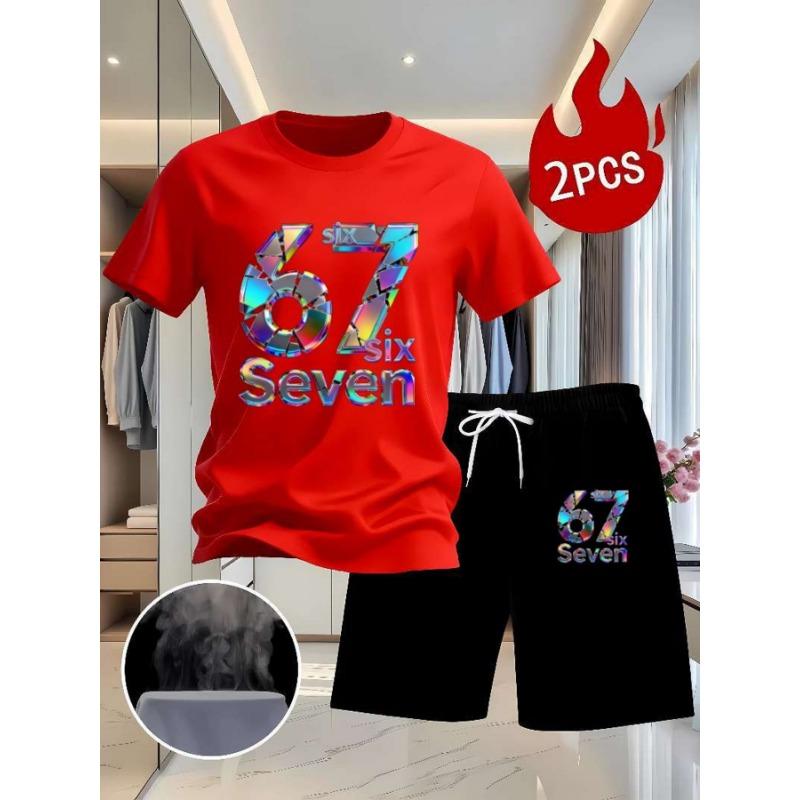 

2 piece white t-shirt and black shorts set with iridescent 67 and 67 design XL