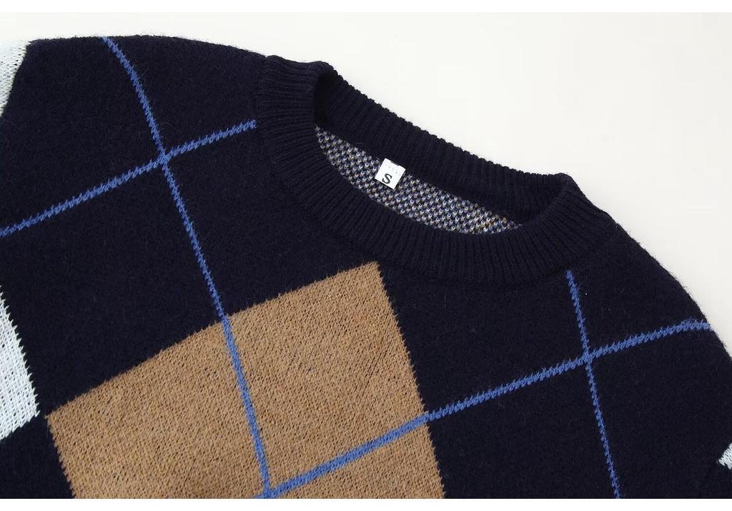 2025za Women's Jacquard Scarf Knit Diamond Plaid Sweater - Round Neck, Autumn/Winter Commuting Top Coat