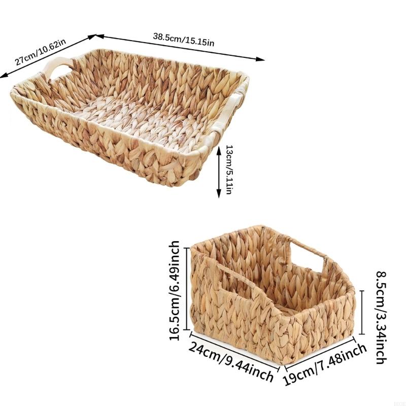 Sturdy Water Hyacinth Woven Basket with Wooden Handle Multipurpose Storage Solution For Toy Books And Blankets B03E