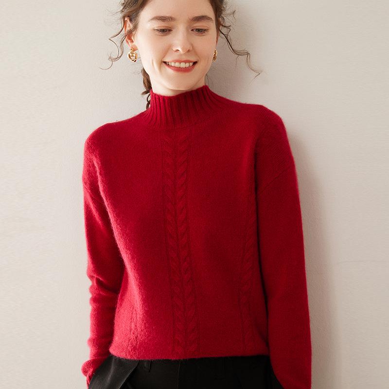 Damen Kaschmir Zopfmuster Pullover - Herbst/Winter 2024, Verdickter Sieben-Gauge Doppelgarn, Halbhoher Kragen Pullover.