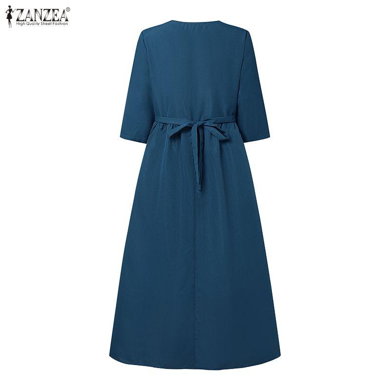 ZANZEA Women Casual V-Neck Summer 3/4 Sleeve Long Dress