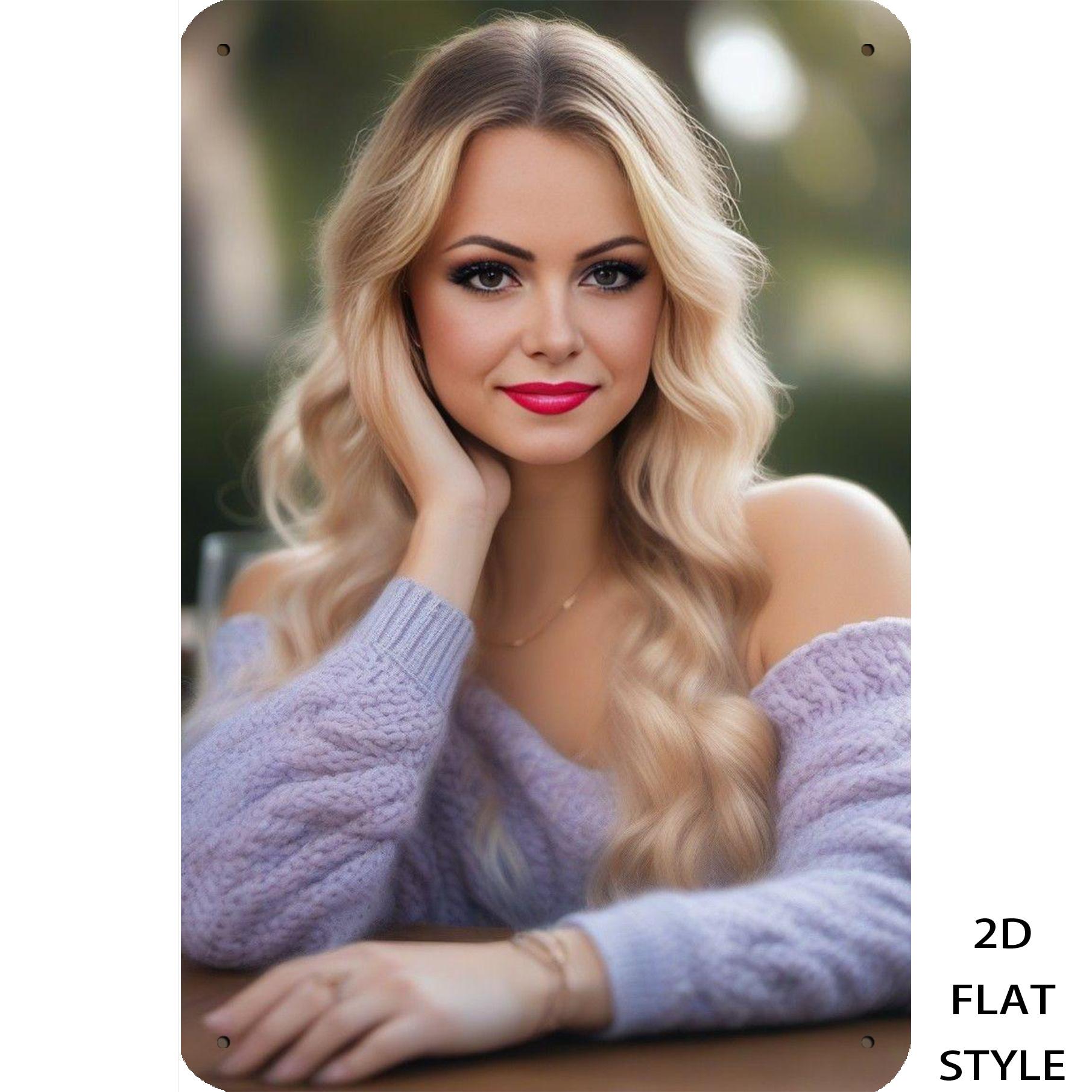 

Vintage Beautiful Blonde Woman In Lavender Off Shoulder Knit Sweater Retro Metal Tin Sign Rustic Outdoor Cafe Elegant Portrait 20x30cm（7.8x11.8inch）