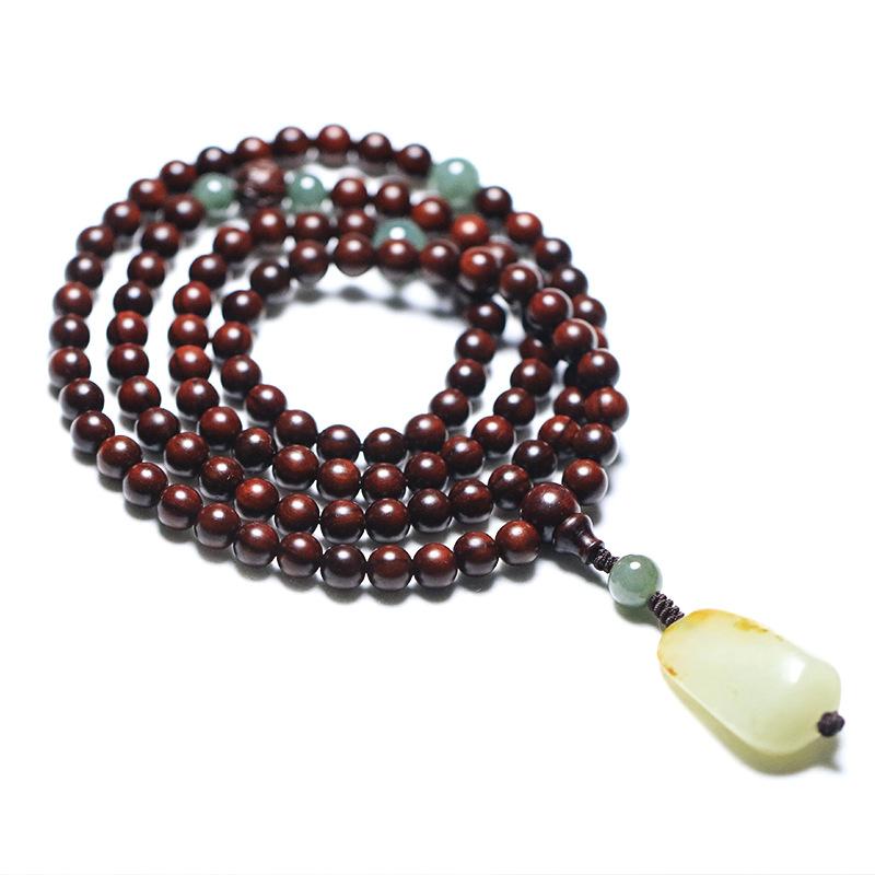 Indian small-leaf rosewood bracelet108Buddhist prayer beads, vintage woven jewelry, women's bracelet, Hetian jade pendant