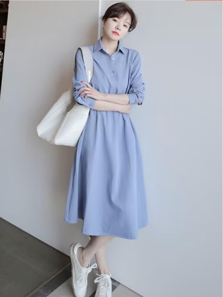 

Elegant Smog Blue Shirt Dress for Women - French Style, Cinched Waist, Slim Fit A-line Skirt, New Spring/Summer. XL