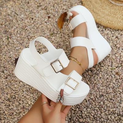 2026 Sommer Keilabsatz Schuhe Damen Absatz Sandalen Weiße Schuhe Elegante Marke Damen Hohe Absätze Sandalen 9cm Große Größe 42